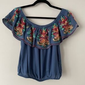 Surf Gypsy Embroidered Off Shoulder Top Blue Sz M Boho Festival Cowgirl Western
